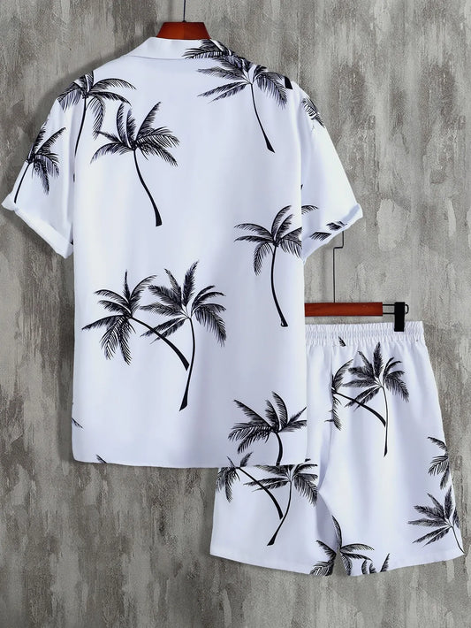Palm Tree Print Shirt  & Drawstring Shorts Sets