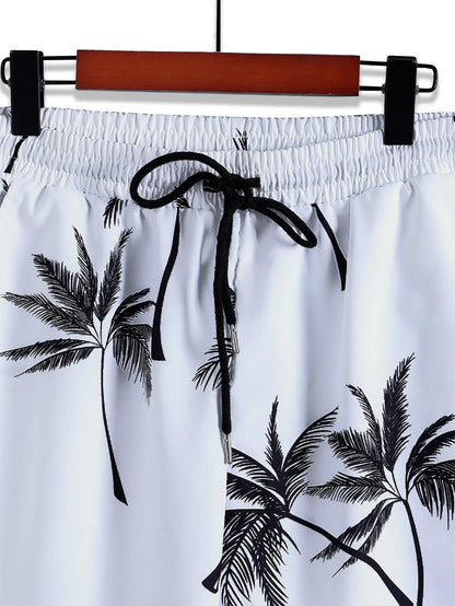 Palm Tree Print Shirt  & Drawstring Shorts Sets