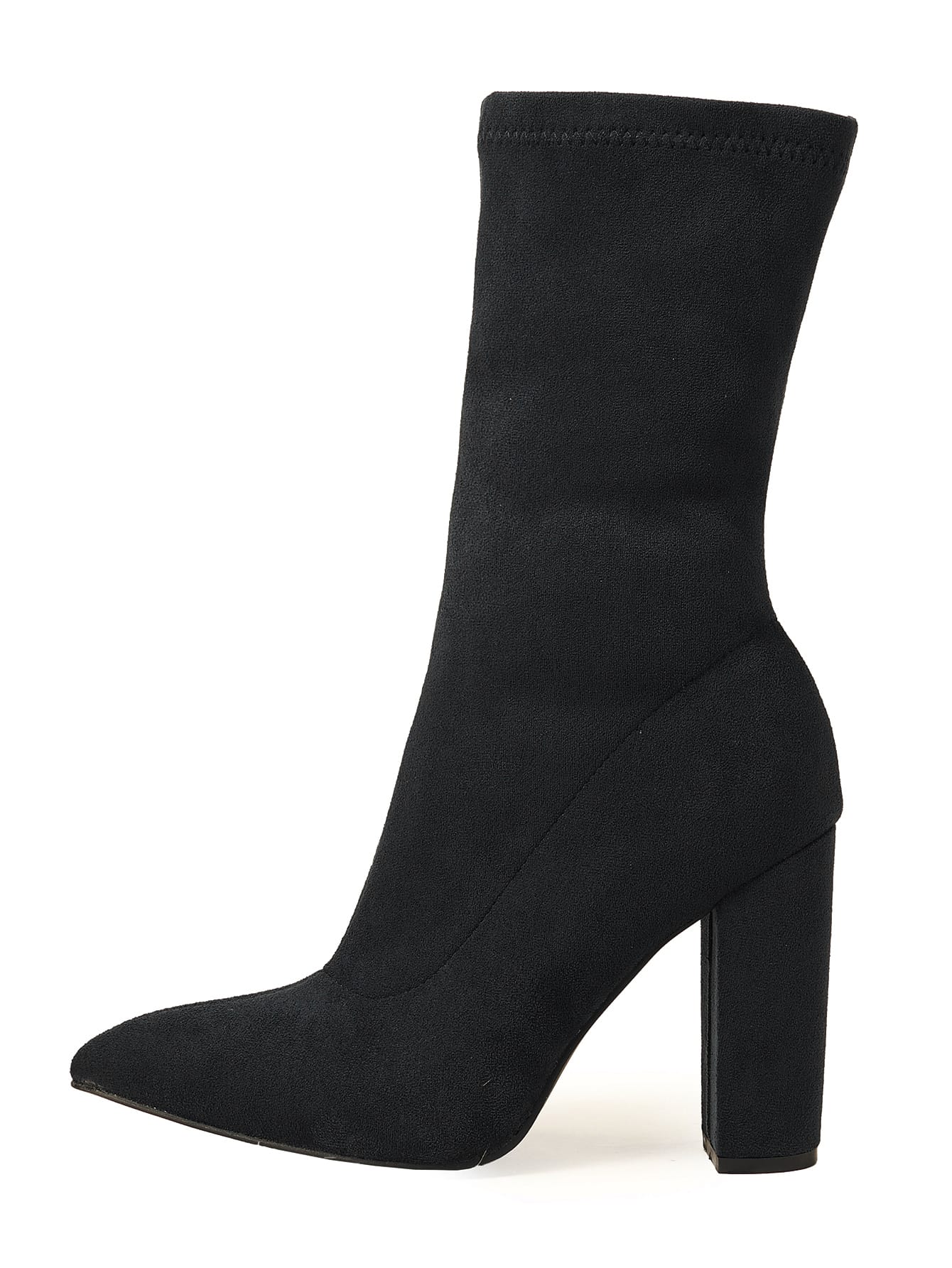 Black sock boot with a block heel on a white background