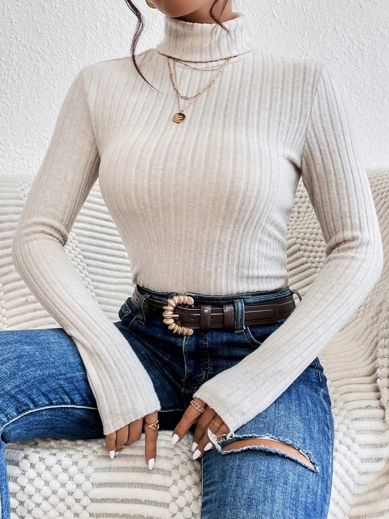 Knit Textured Ribbed  Turtleneck