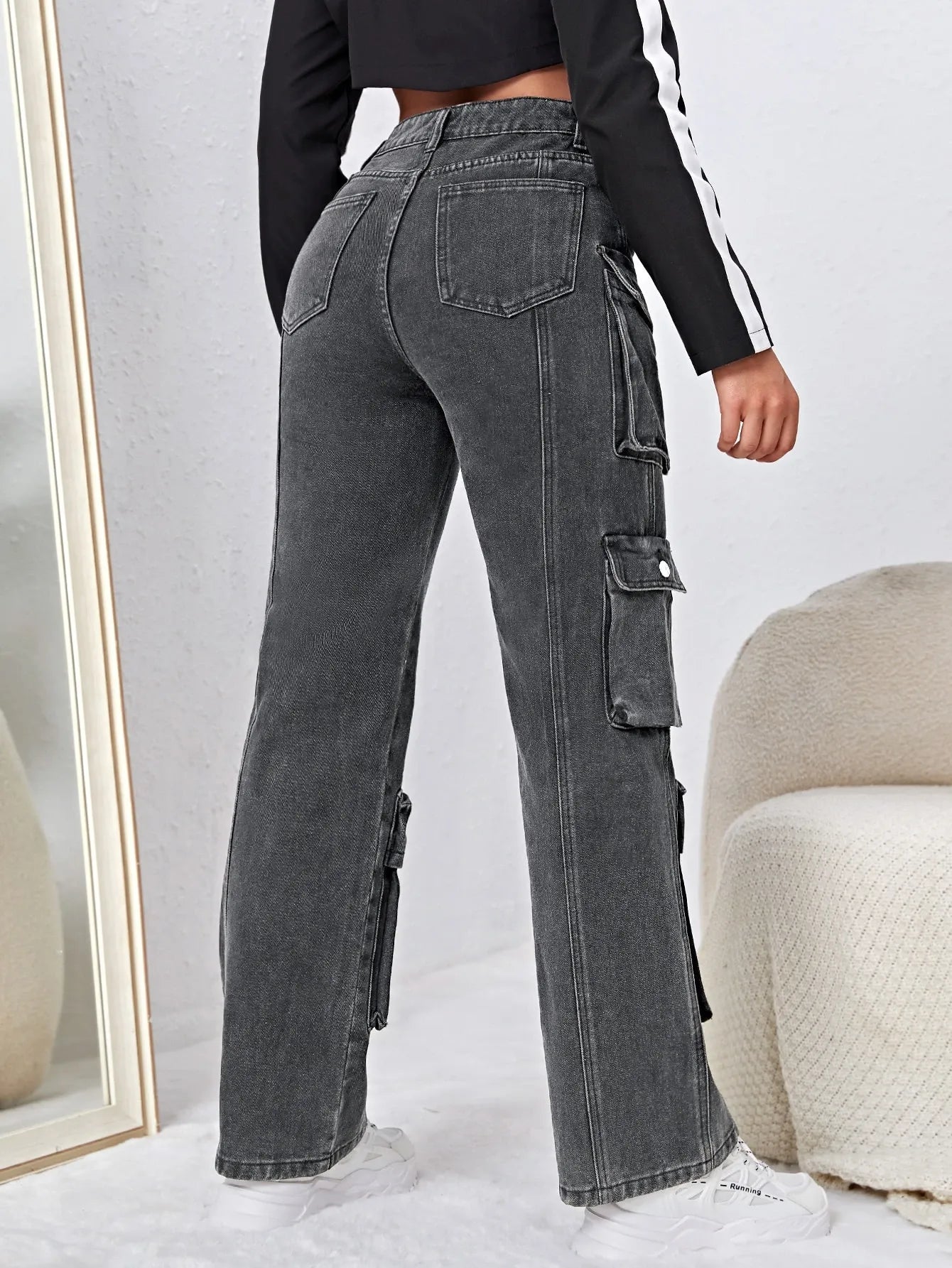 High Waisted Flap Pocket Cargo Jeans
