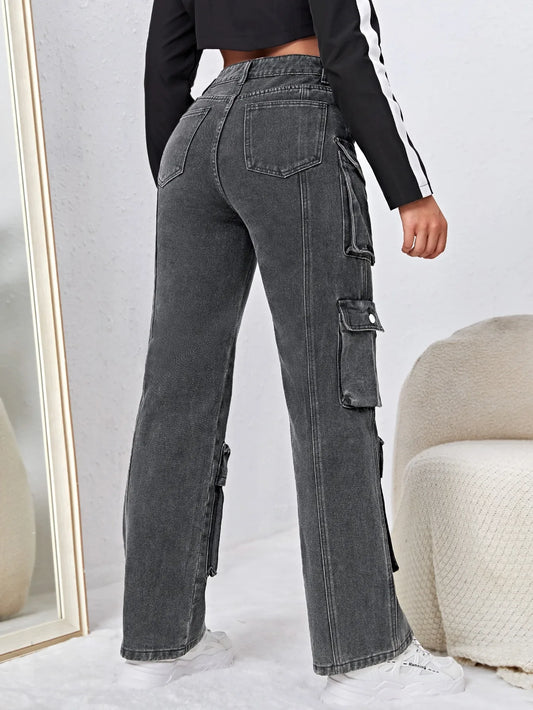High Waisted Flap Pocket Cargo Jeans