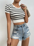 Striped Round Neck Short Sleeve Knit Tops