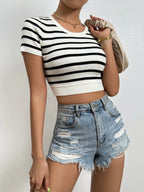 Striped Round Neck Short Sleeve Knit Tops