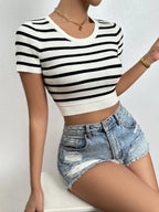 Striped Round Neck Short Sleeve Knit Tops