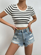 Striped Round Neck Short Sleeve Knit Tops