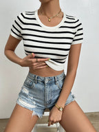 Striped Round Neck Short Sleeve Knit Tops