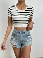 Striped Round Neck Short Sleeve Knit Tops
