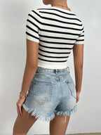 Striped Round Neck Short Sleeve Knit Tops