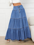 Fly Buttons Layered Hem Denim Skirt