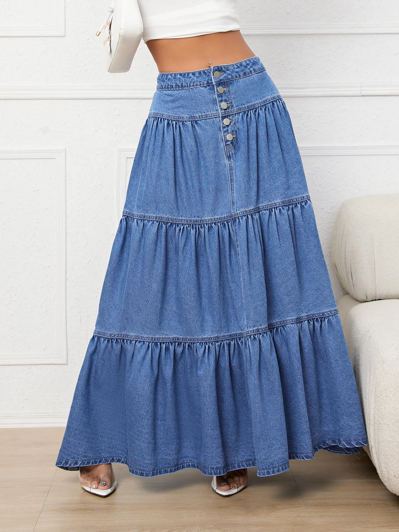 Fly Buttons Layered Hem Denim Skirt