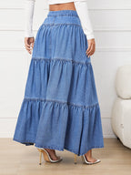 Fly Buttons Layered Hem Denim Skirt
