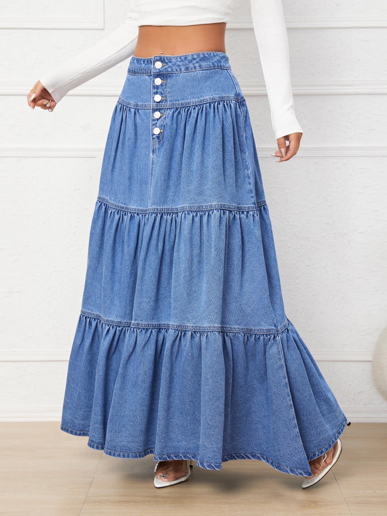 Fly Buttons Layered Hem Denim Skirt