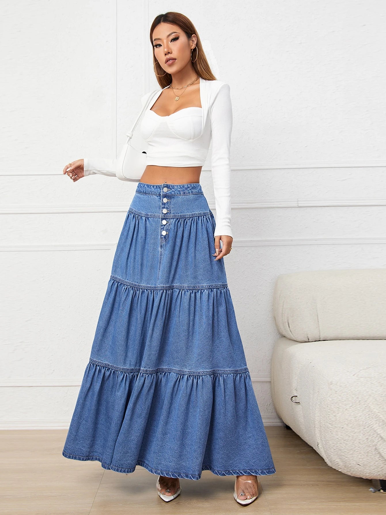 Fly Buttons Layered Hem Denim Skirt