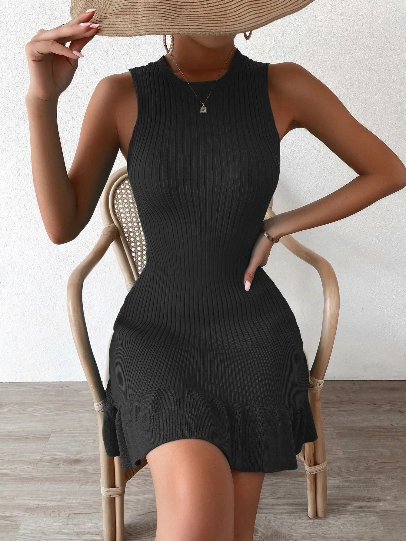 Ruffle Hem Ribbed Knit Sweater Dress
