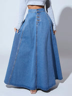 High Waist Button Fly Flare Hem Denim Skirt