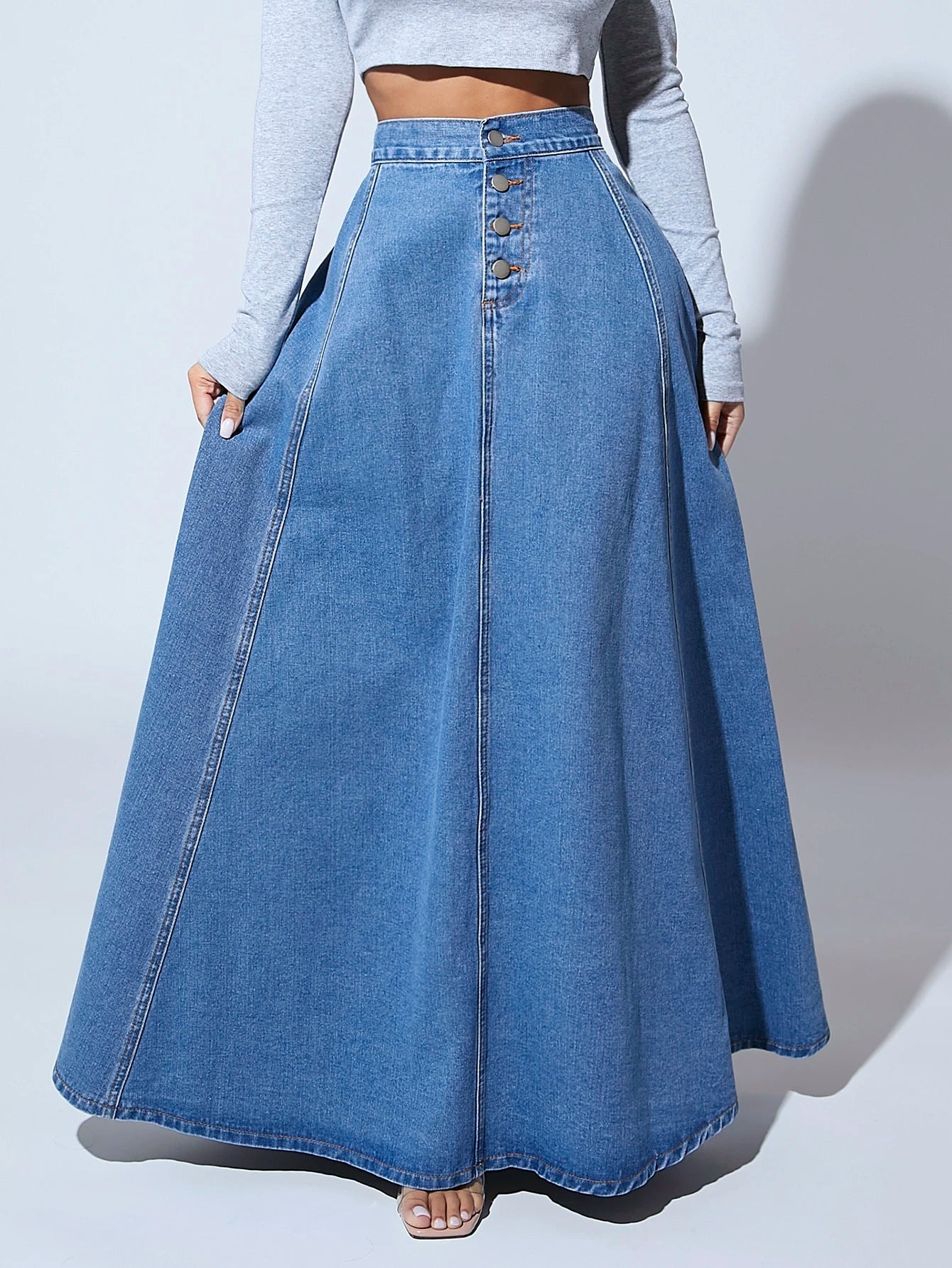 High Waist Button Fly Flare Hem Denim Skirt