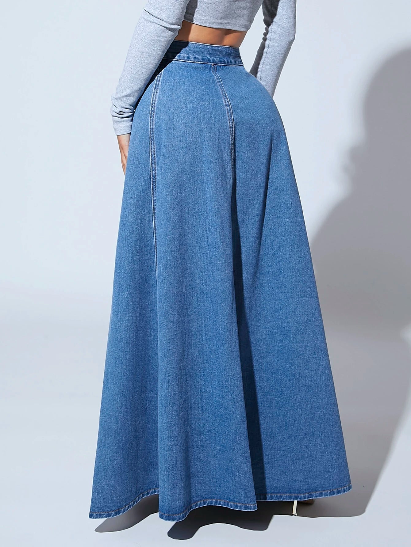 High Waist Button Fly Flare Hem Denim Skirt
