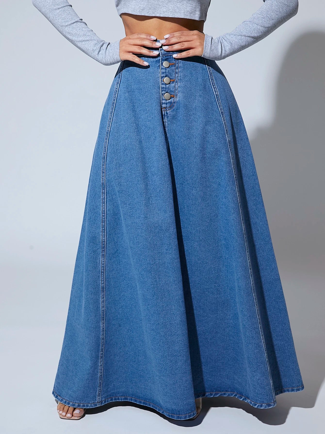 High Waist Button Fly Flare Hem Denim Skirt