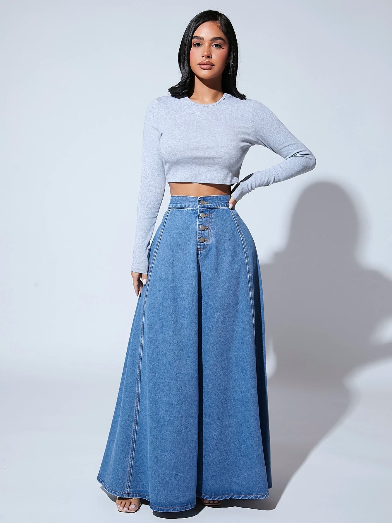 High Waist Button Fly Flare Hem Denim Skirt