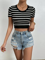 Striped Round Neck Short Sleeve Knit  Top