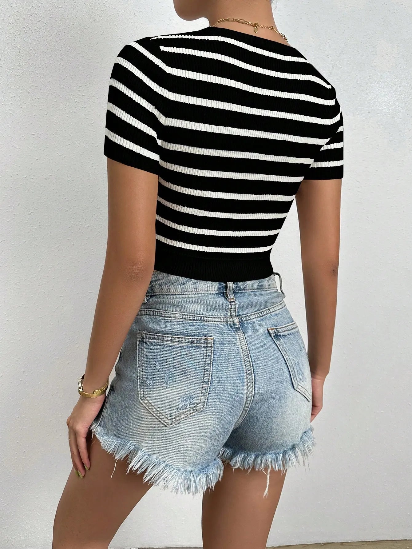 Striped Round Neck Short Sleeve Knit  Top