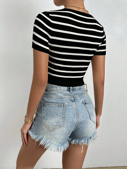Striped Round Neck Short Sleeve Knit  Top