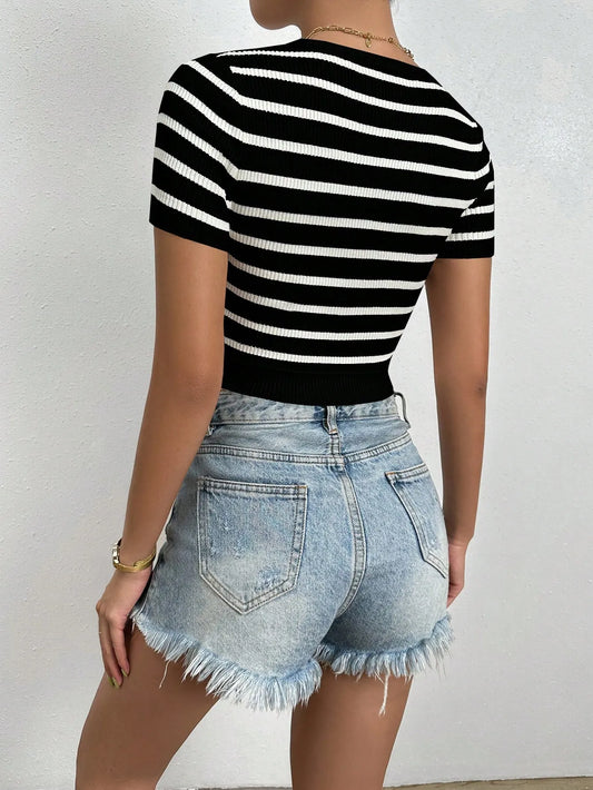 Striped Round Neck Short Sleeve Knit  Top