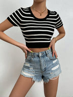 Striped Round Neck Short Sleeve Knit  Top