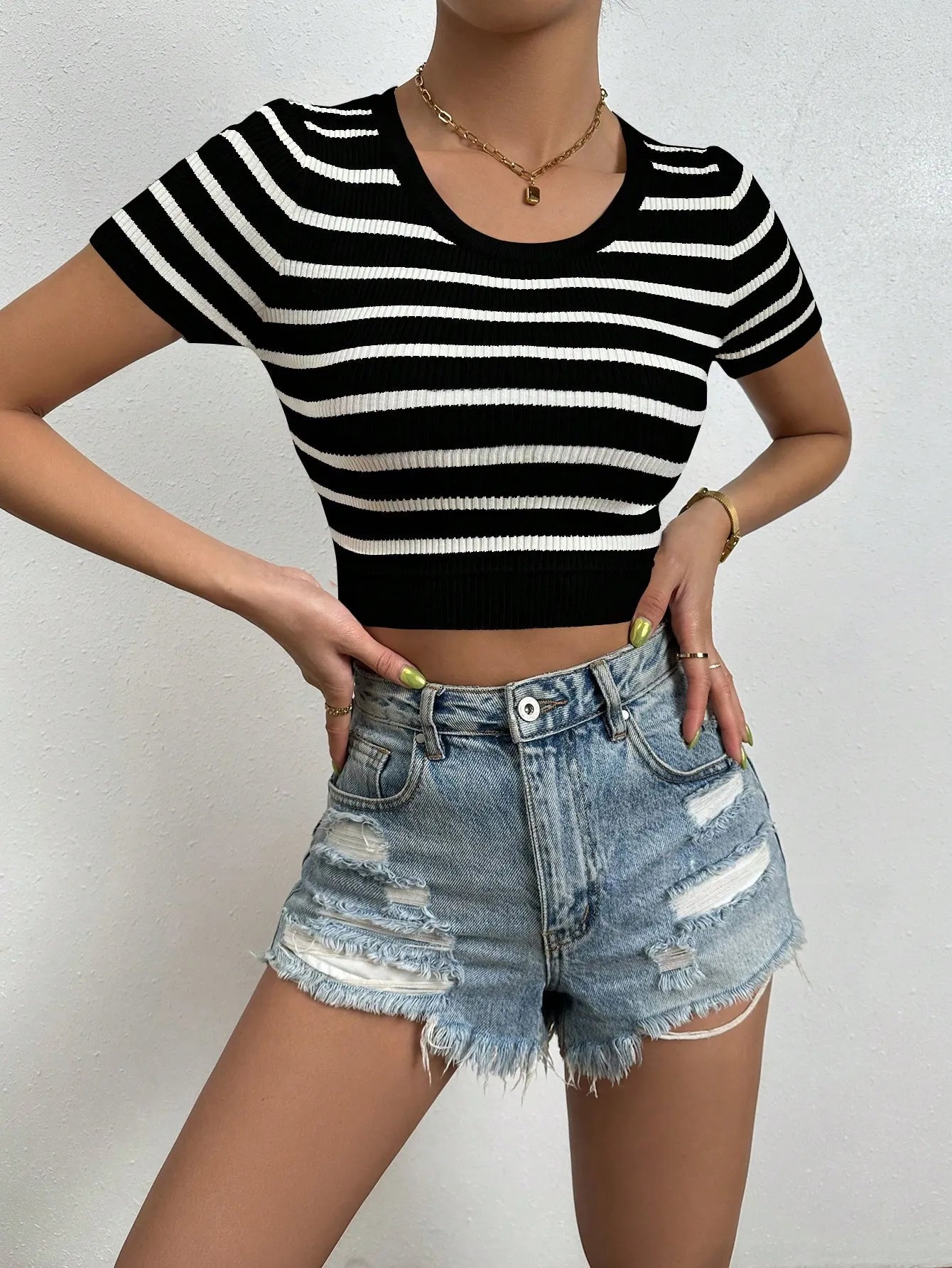 Striped Round Neck Short Sleeve Knit  Top