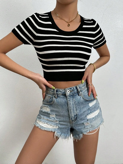 Striped Round Neck Short Sleeve Knit  Top