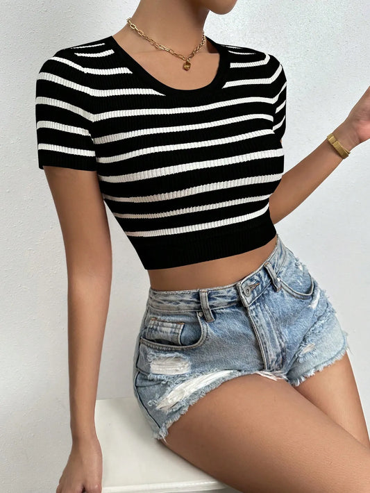 Striped Round Neck Short Sleeve Knit  Top