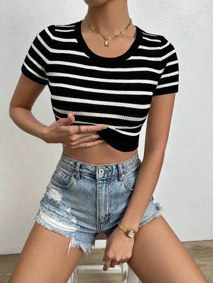 Striped Round Neck Short Sleeve Knit  Top