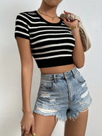 Striped Round Neck Short Sleeve Knit  Top