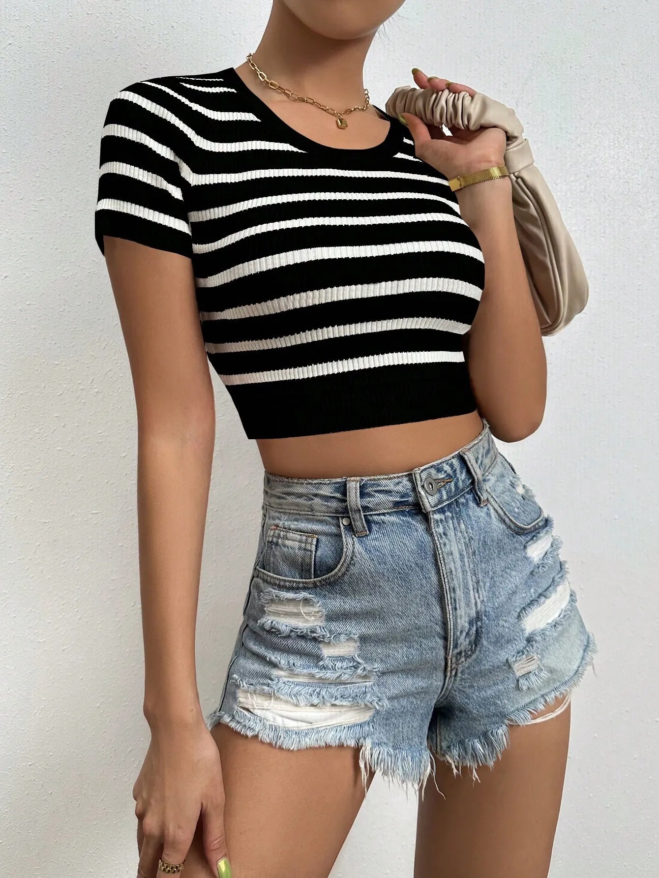 Striped Round Neck Short Sleeve Knit  Top