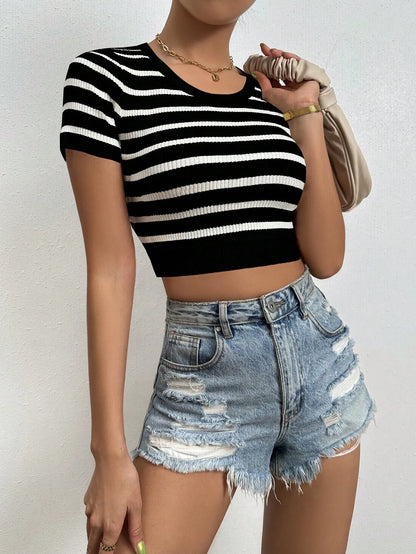 Striped Round Neck Short Sleeve Knit  Top
