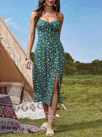 Floral Cami Front and Thigh Slit Summer Dress