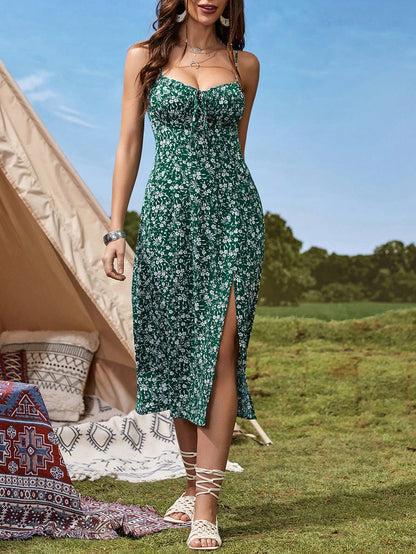 Floral Cami Front and Thigh Slit Summer Dress