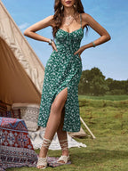 Floral Cami Front and Thigh Slit Summer Dress