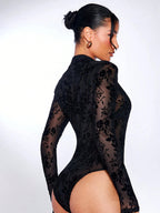 Mock Neck Flocked Floral Mesh Sheer Bodysuit