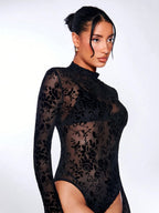 Mock Neck Flocked Floral Mesh Sheer Bodysuit