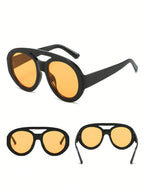 Black-framed sunglasses with yellow lenses on a white background