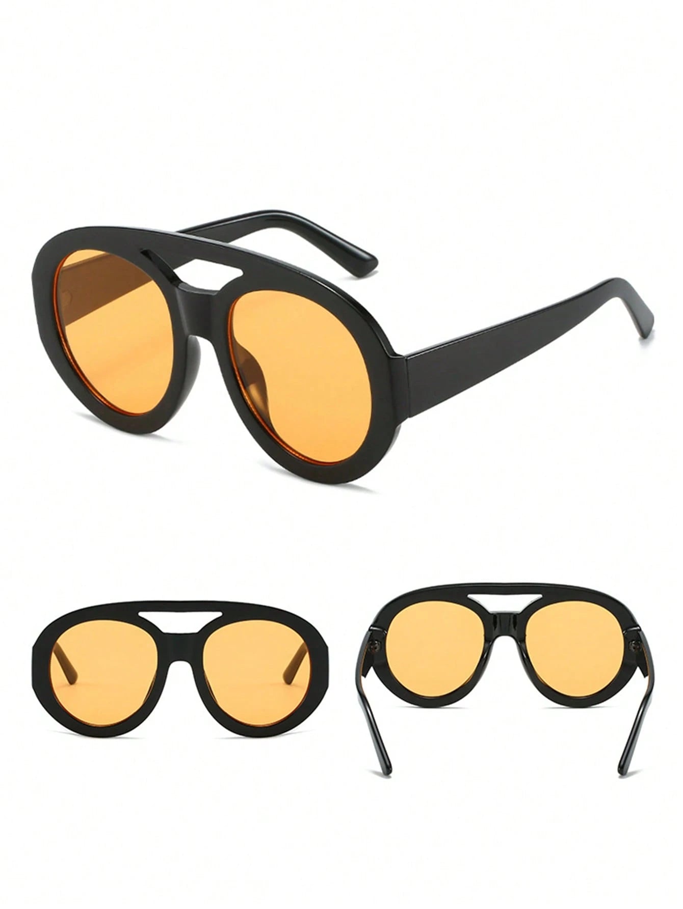 Black-framed sunglasses with yellow lenses on a white background