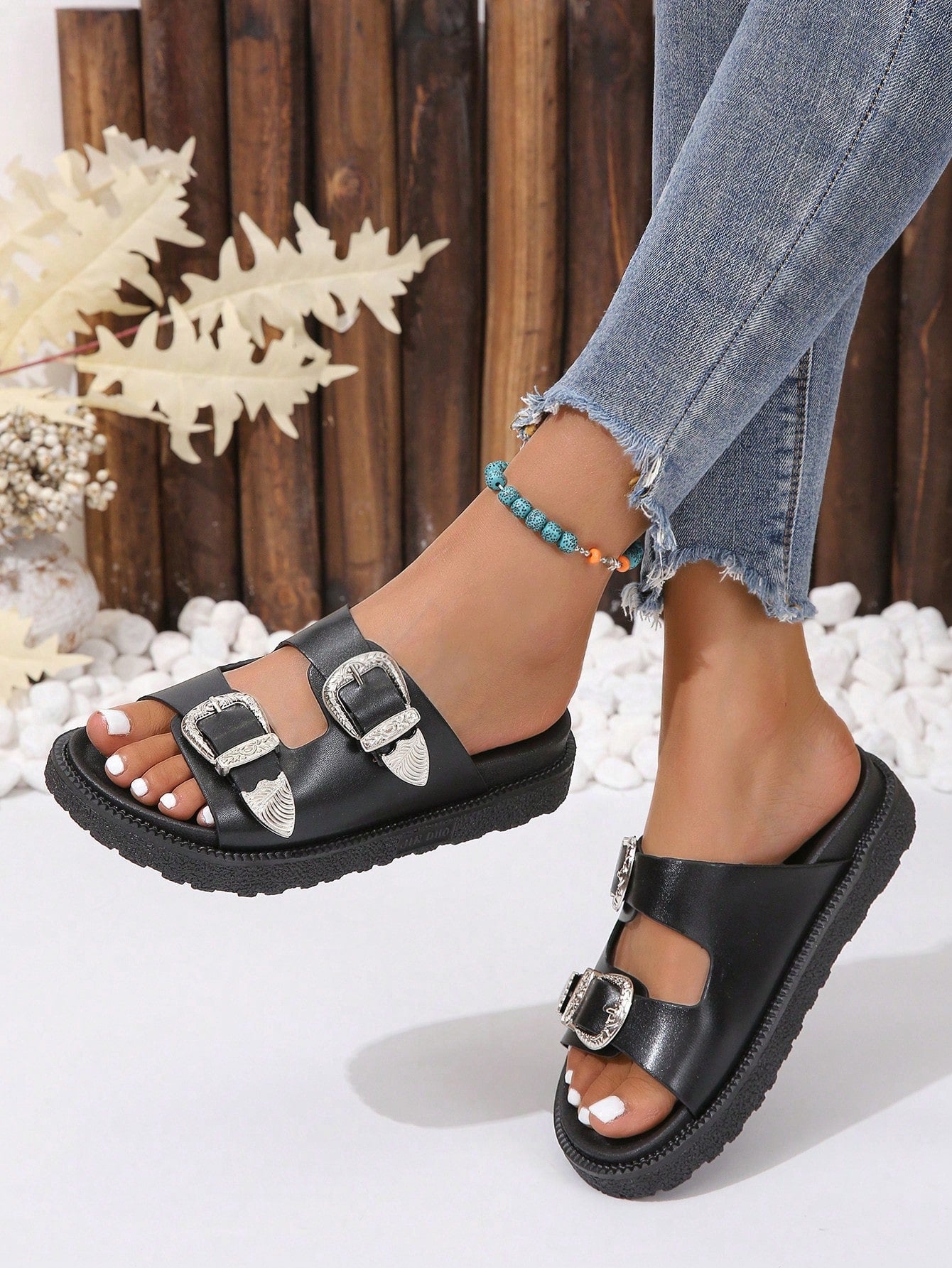 Buckle Wedge Slide Sandals