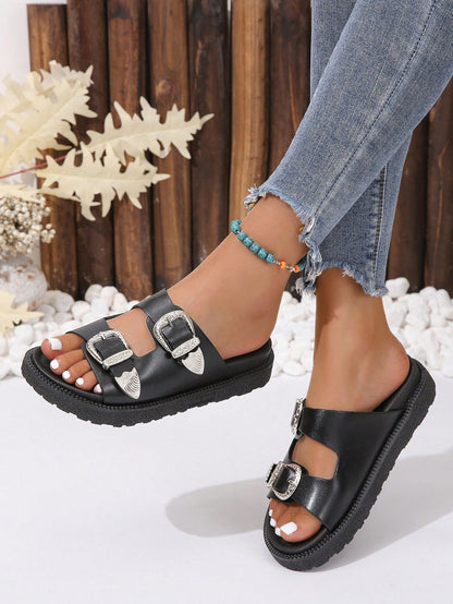 Buckle Wedge Slide Sandals