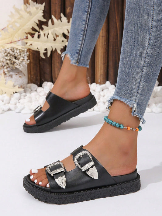 Buckle Wedge Slide Sandals