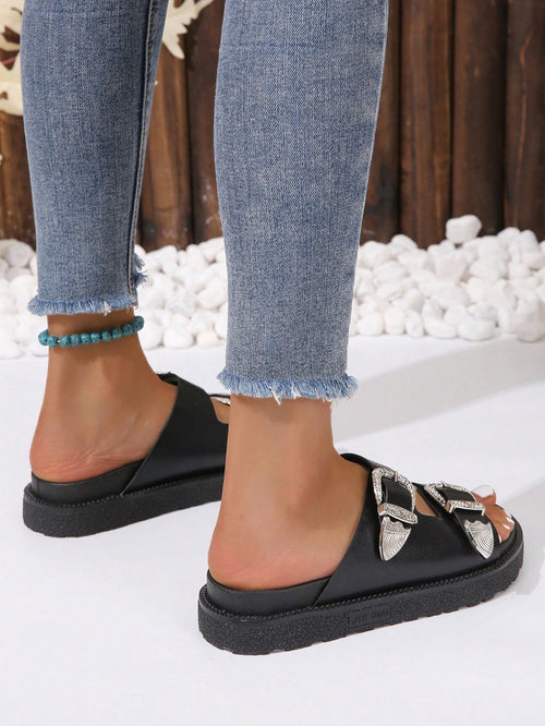 Buckle Wedge Slide Sandals