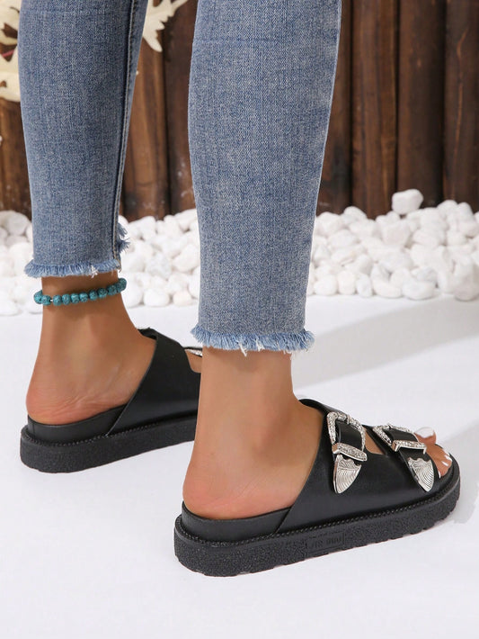 Buckle Wedge Slide Sandals
