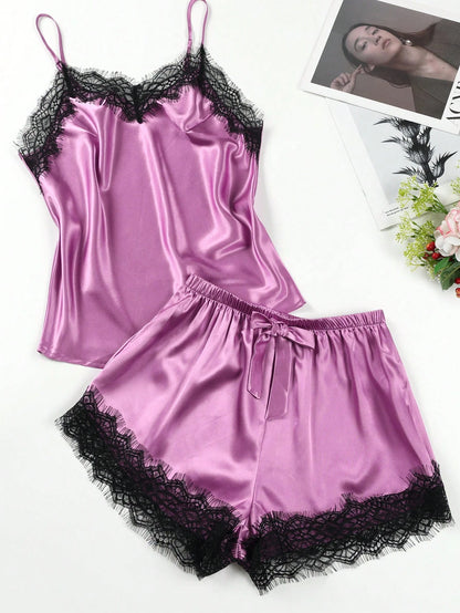 Silk & Lace Splice Cami Top And Shorts Pajama Set