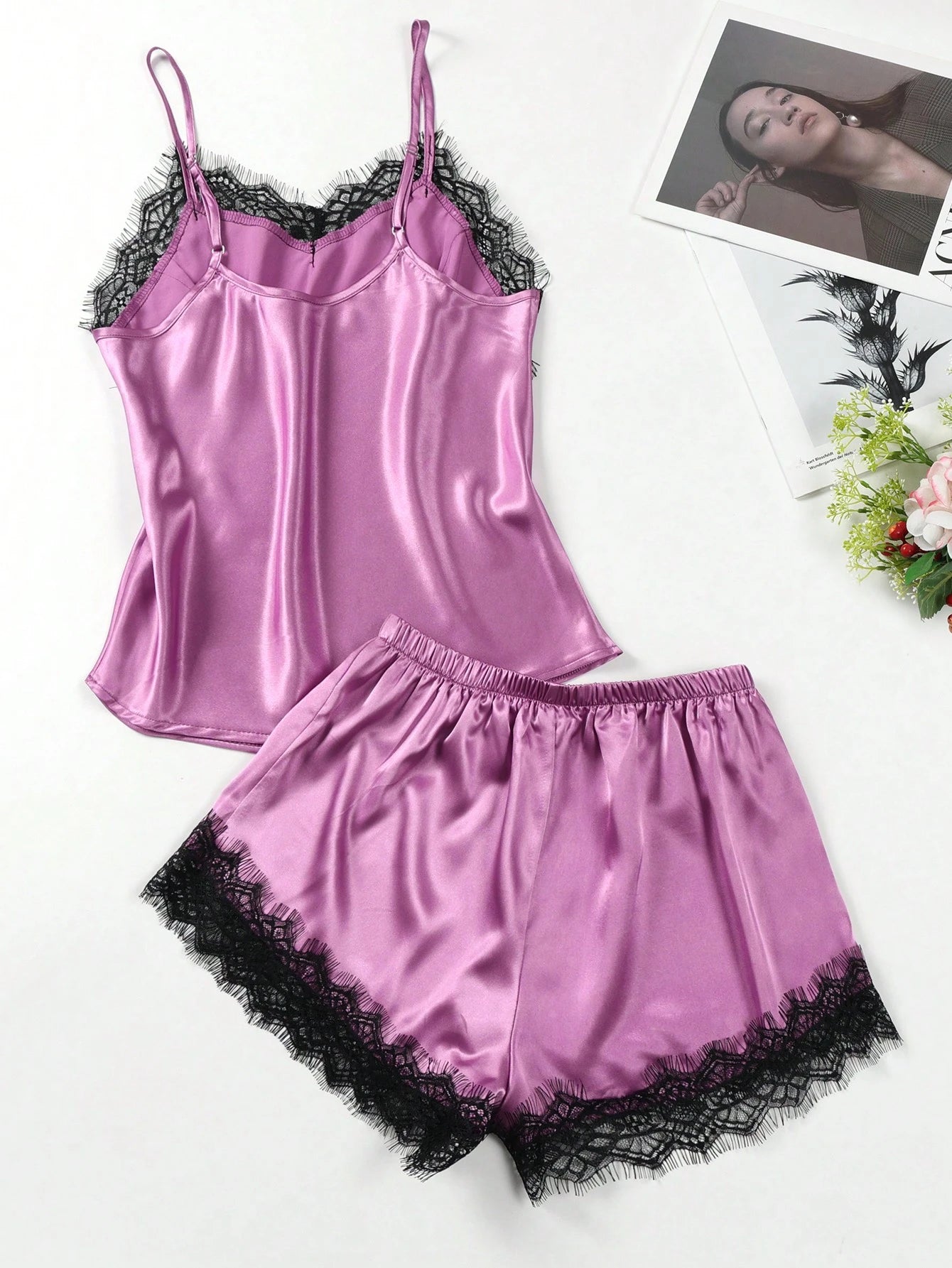 Silk & Lace Splice Cami Top And Shorts Pajama Set